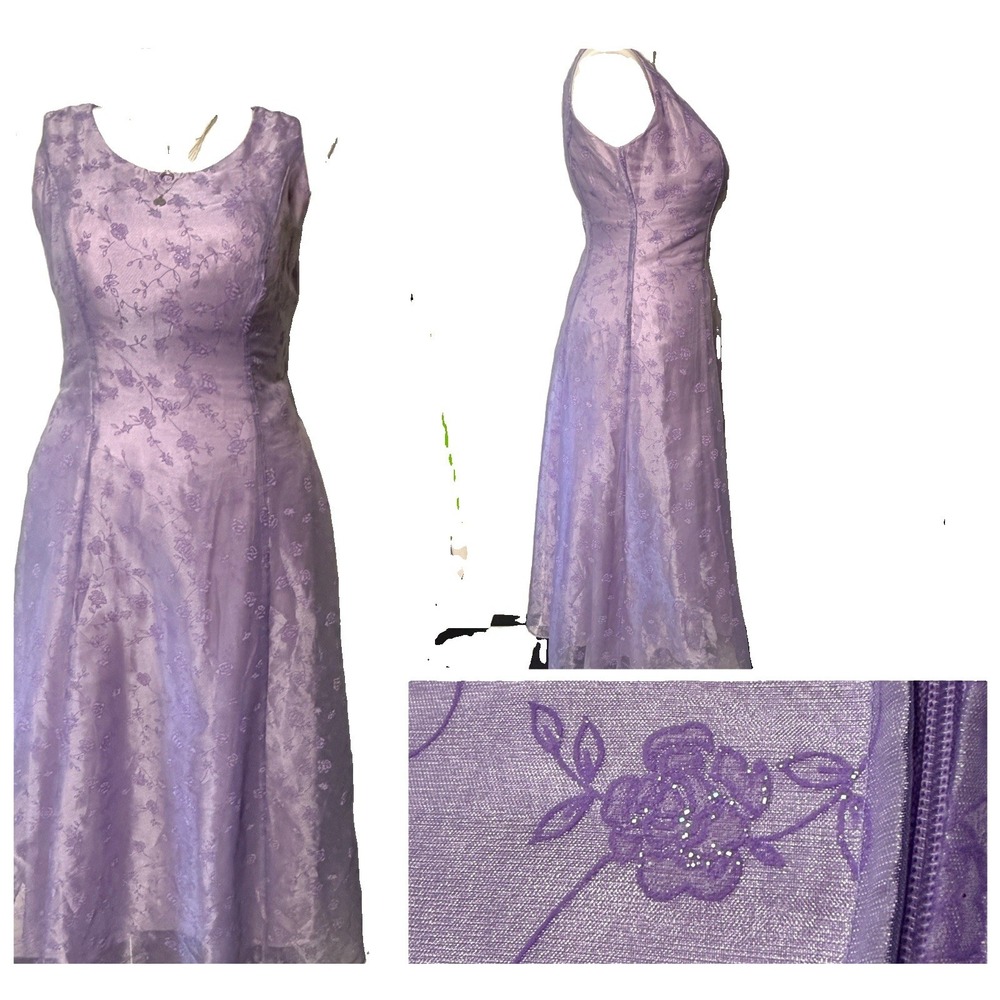 VTG Y2k Women Formal Maxi Dress Hoco Sz 14 Lavender Fairy Floral Glitter Poofy